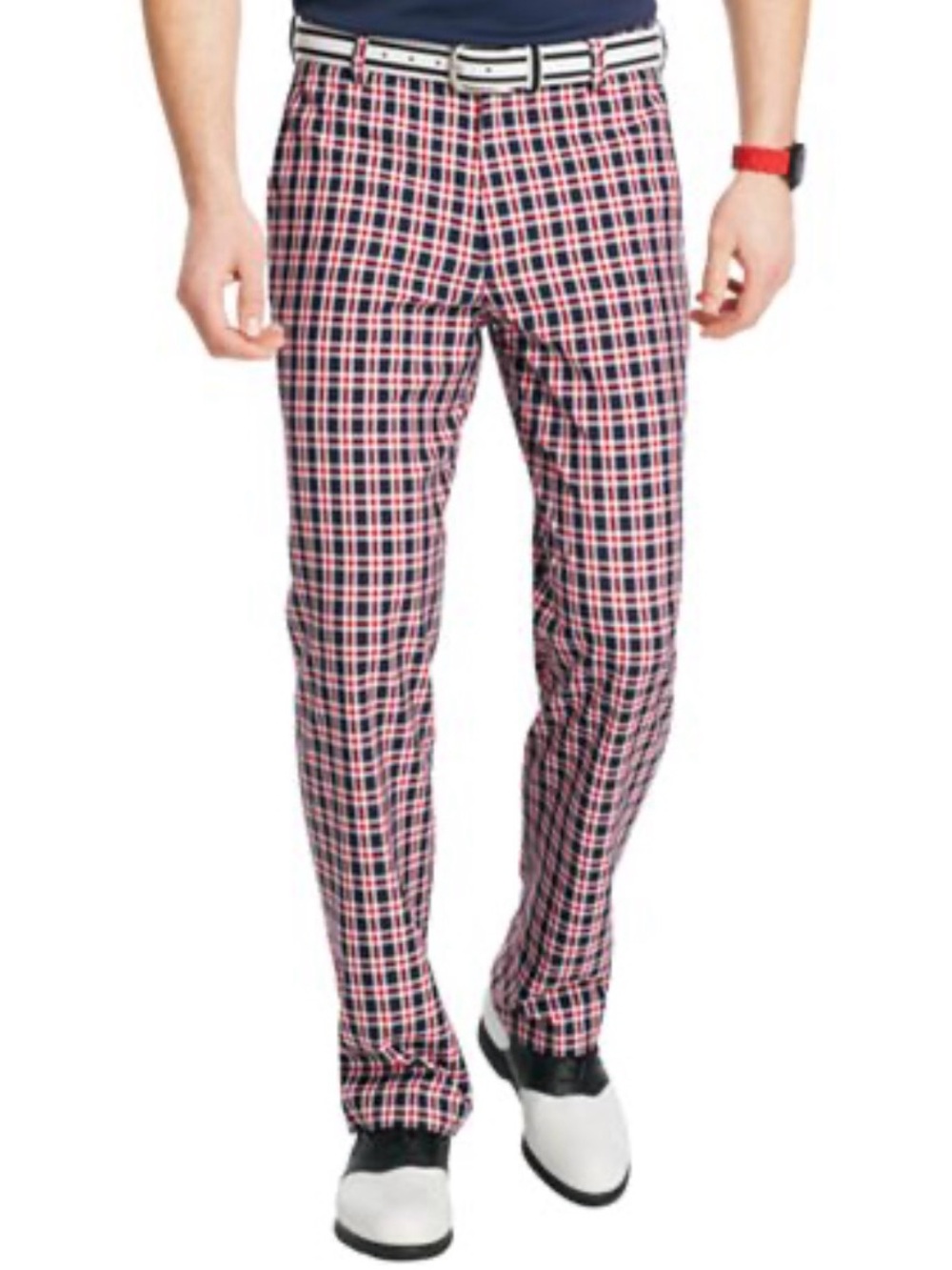IZOD Golf Performance Plaid Pants 38x30 Red White Blue Flat Front Patriotic